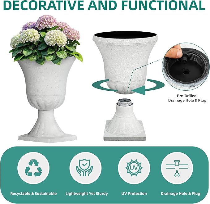 22" Urn Planters Outdoor Planter for Plants Set of 2 Timeless Plastic Large Flower Pot with Drainage Hole Terrazzo White Garden Pots for Porch, Patio Christmas Decor