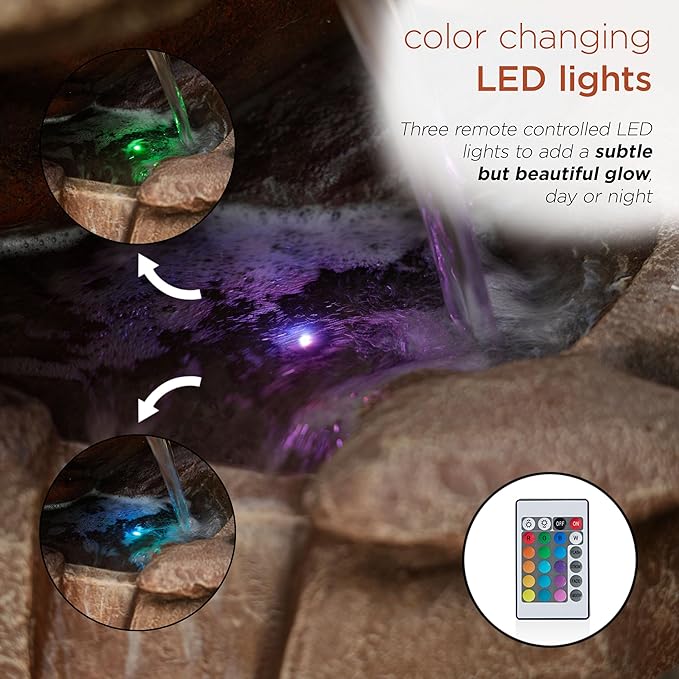 Alpine Corporation WIN315 40" Floor Fountain – Tiered Brown Rock Water Feature with Color-Changing LED & Remote – Cascading Streams for a Tranquil Garden, Patio, Yard, Deck, or Porch, Light Brown