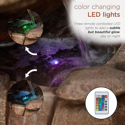 Alpine Corporation WIN315 40" Floor Fountain – Tiered Brown Rock Water Feature with Color-Changing LED & Remote – Cascading Streams for a Tranquil Garden, Patio, Yard, Deck, or Porch, Light Brown