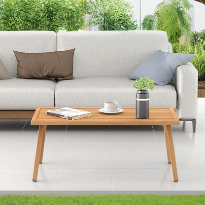 C-Hopetree Small Metal Outdoor Coffee Side Table for Outside Patio, Rectangle, Wood Look