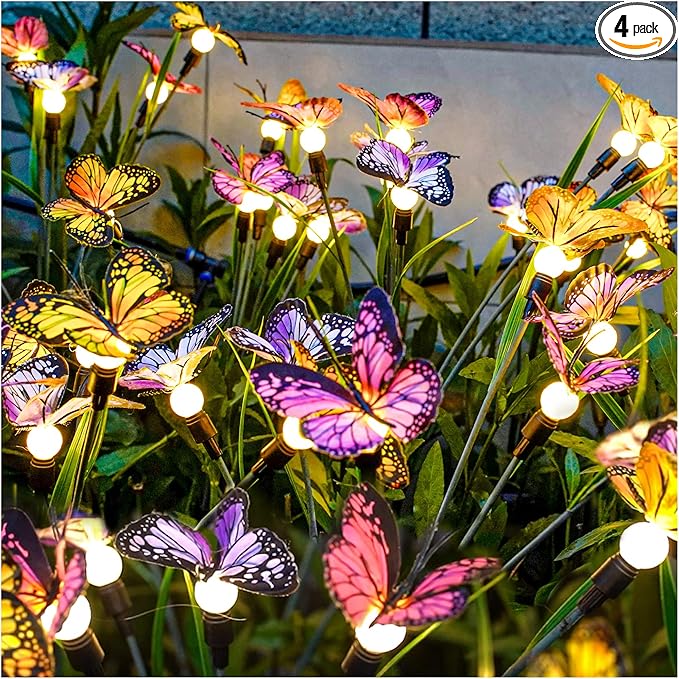 TONULAX Solar Garden Lights - 4 Pack Swaying Butterfly Light, Swaying in The Wind, Solar Outdoor Lights, Yard Patio Pathway Decoration, High Flexibility Iron Wire & Realistic Butterflies(4 Pack)