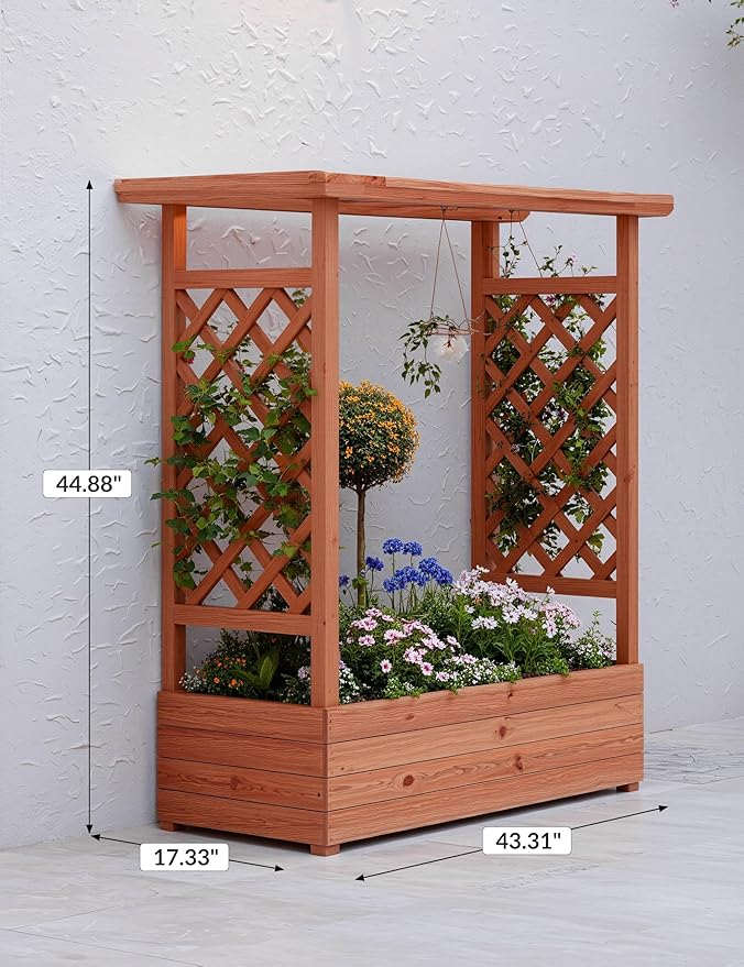 GarveeLife Raised Garden Bed with Trellis, 45 in Wood Planter Box with Side Trellis, Hanging Roof, and 4 Drainage Holes, Freestanding Elevated Garden Bed for Climbing Plants, Vines, Flowers
