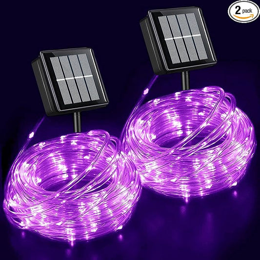 YEGUO Solar Christmas Lights Outdoor Waterproof, 2 Packs Each 33ft 100 LED Rope Lights, 8 Modes Fairy String Lights in Clear Thin Tube for Camping Fence Patio Garden Trampoline Deck(Purple)