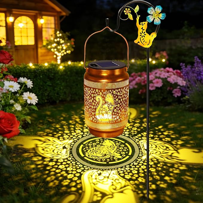 Cat Solar Lanterns Outdoor Waterproof Solar Garden Decor, Birthday Gifts for Mothers Day Women Mom Grandma, Metal Hanging Lights with Shepherd Hook for Outside Yard Patio Pathway Backyard Porch