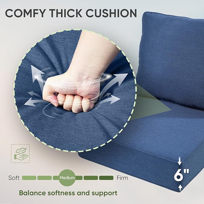 Outdoor Furniture Cushions, 6 inch Thick Seat Cushions for Outdoor Furniture, Waterproof 22x24 Patio Replacement Chairs/Couch Cushion, Include 3 Back & 3 Seat Cushion, Thick/Blue
