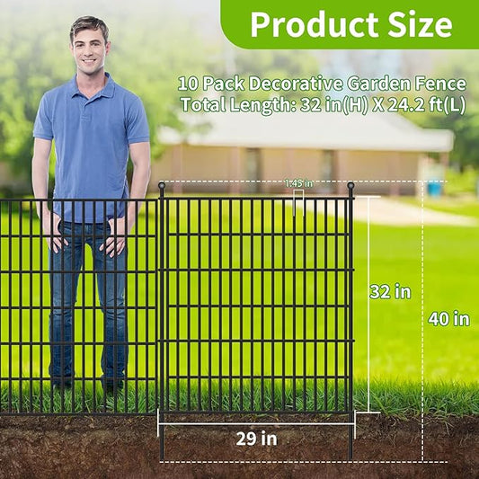 10 Panels No Dig Garden Fence, 32 in(H) X24.2 ft(L) Metal Fence Panels, Thickened Rustproof Garden Fencing, Animal Barrier Fence for Dogs, Rabbits, and Patio