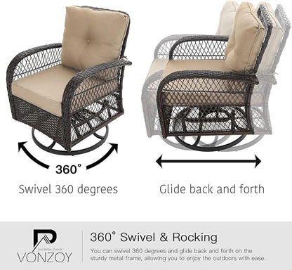 3 Pieces Patio Furniture Set, Outdoor Swivel Glider Rocker, Wicker Patio Bistro Set with Rocking Chair, Thickened Cushions and Table for Porch (Khaki)