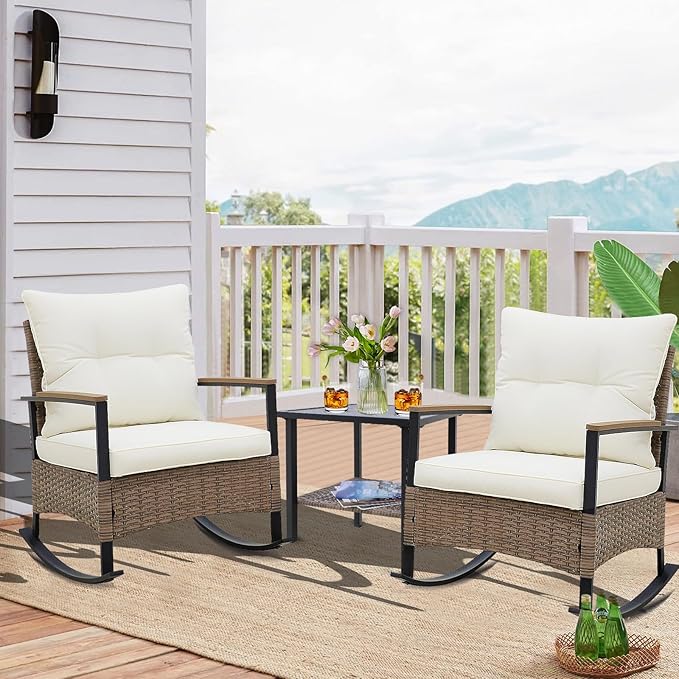 EAGLE PEAK 3 Piece Mojave Dusk Outdoor Conversation Set, Patio Wicker Furniture, 2 Rocking Chairs and Side Table, Light Brown/Beige