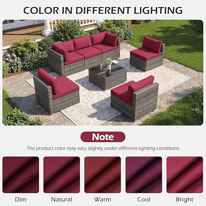 HOMREST 14-Piece Patio Replacement Cushions Set, Deep Seat 25x25 Inch Outdoor Sofa Cushions, Waterproof & Non-Slip Bottom, for 6-Seat Rattan Wicker Sectional Furniture,Burgundy