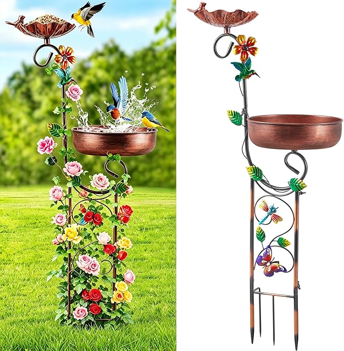 2 In 1 Bird Bath for Outside, Freestanding Large Bird Feeder Birdbaths for Outdoors, Garden Metal Bird Baths Bowl for Patio Yard, Copper