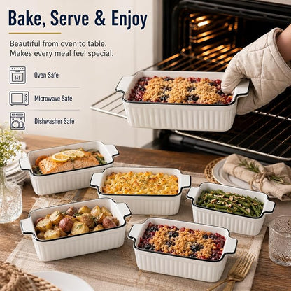 6 Pcs Ceramic Baking Dish, 12 Oz Small Casserole Dish with Handle, Porcelain Bakeware Sets, 5 inch Rectangular Lasagna Pans, Baking Serving Dishes for Casserole, Cakes, Dishwasher Oven Safe