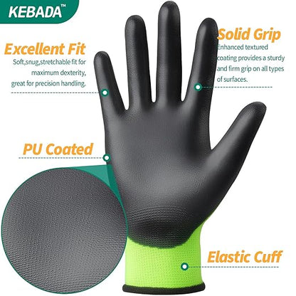 Kebada W1 Work Gloves for Men and Women, Touchscreen PU Coated Gloves with Grip, 50 Pairs Bulk Pack, Ideal for Warehouse Package Handling, Construction, Gardening, Green Small