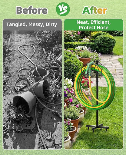 Garden Hose Holder, Heavy Duty Water Hose Holder Holds 150/160ft Hose for Outside, Hose Stand Storage Rack Freestanding with Nozzle Holder & Stable Base,Metal Hanger for Yard Lawn Farm Gardening Tools