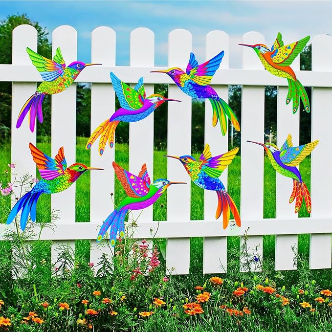 Outdoor Wall Art Metal Hummingbird 3D Wall Art for Outside Fence Decorations Outdoor Patio Decor- (Set of 8,Colore)
