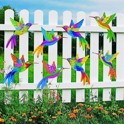 Outdoor Wall Art Metal Hummingbird 3D Wall Art for Outside Fence Decorations Outdoor Patio Decor- (Set of 8,Colore)