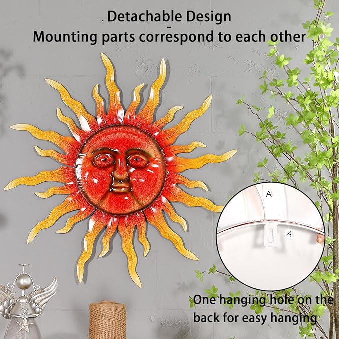 TICKCACY 33" Metal Sun Wall Art Decor, Large Sun Face Wall Art Decoration for Indoor Outdoor, Metal Wall Hanging for Living Room Bedroom Farmhouse Yard Fence Patio Garden