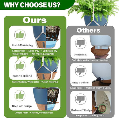 Hanging Planter Self Watering 10 Inch, 2 Pack Hanging Baskets for Plants, Hanging Flower Pots with Drainage Hole & 2 Kinds of Plant Hangers for Garden Home Decor (Navy Blue, 10 Inch)