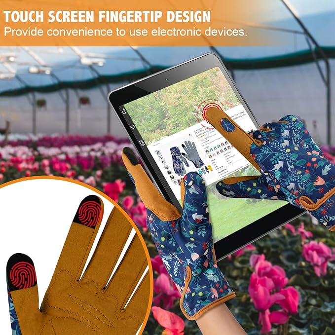 MERTURN Leather Gardening Gloves for Women Garden Gloves Thorn Proof Touch Screen Design Heavy Duty Yard Working Gloves for Planting, Digging Women Gardening Gift, M