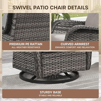 Patio Swivel Chair Set of 2, Resin Wicker Swivel Patio Glider Chairs with Smile-Shaped Cushions, High Back Luxury Swivel Patio Chairs for Outdoor, Brown Wicker|Beige Cushions