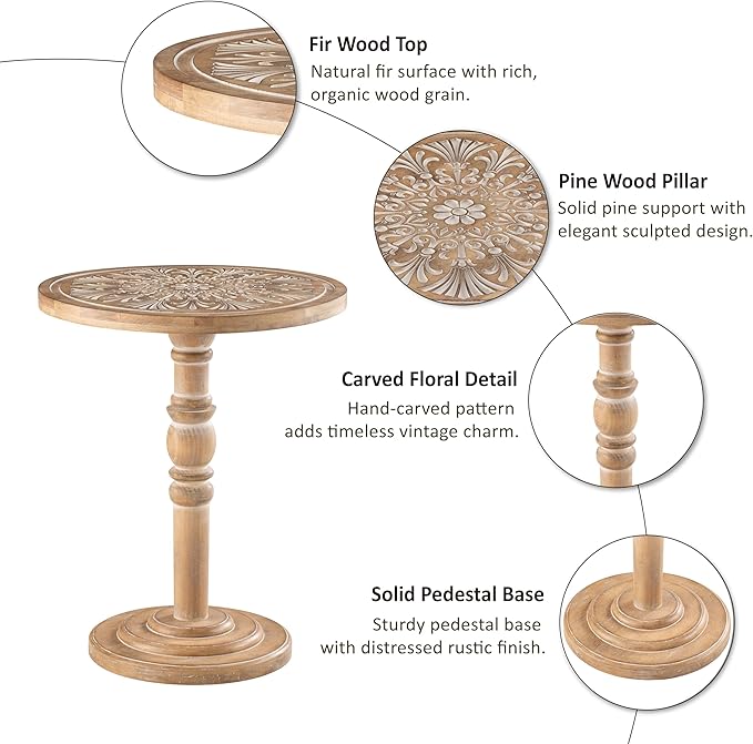 COZAYH Farmhouse Round Side Table with Carved Top, Rustic Pine Wood Pedestal Accent Table for Living Room, Bedroom, Distressed Finish, Natural Wood