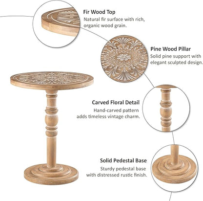 COZAYH Farmhouse Round Side Table with Carved Top, Rustic Pine Wood Pedestal Accent Table for Living Room, Bedroom, Distressed Finish, Natural Wood