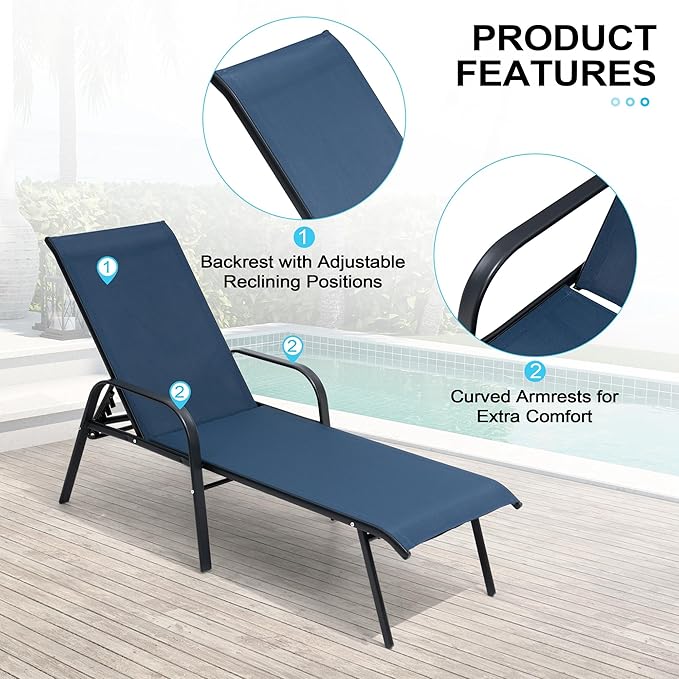 Crestlive Products Chaise Lounge Chair Outdoor with Armrests, Pool Lounge Chairs Set of 2,Adjustable 5 Positions Metal Sun Tanning Lounger for Patio, Poolside, Yard, Deck, Backyard (Navy)
