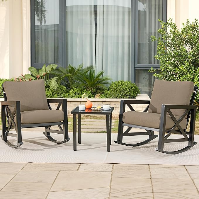 NATURAL EXPRESSIONS Rocking Chair Patio Set, 3 Piece Bistro Furniture Set with 2 Rockers, 1 Metal Coffee Table with Thick Cushions, 2 Pack Waterproof Patio Chair Covers