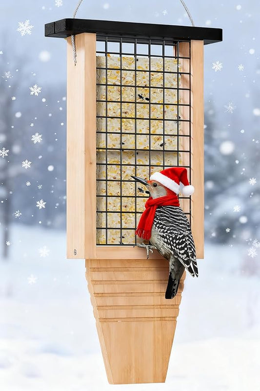 Wooden Suet Bird Feeder for Outside Hanging, Large Woodpecker Suet Feeder with Tail Prop, Double Suet Cakes Hanging Bird Feeder for Wild Birds, 1 Pack, Black