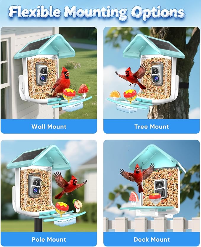 Bird Feeder with Camera Solar Powered - Smart Bird Feeder Camera 2K HD Live Stream, 5MP Photos, AI Identification for Backyard, 2.4Lb Large Capacity, Gifts for Mom Dad, Blue White