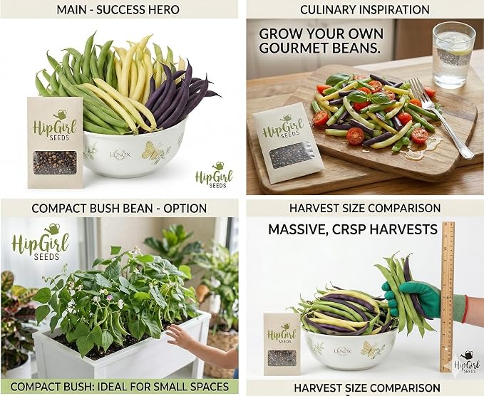 Bean Seeds for Planting Vegetables and Fruits. Pole Beans,Bush Beans,Romano Beans.Non GMO Garden Seeds for Home Vegetable Garden-Organic Bush Bean Mix 45ct+ Purple,Yellow&Green Bean Seeds, No Trellis