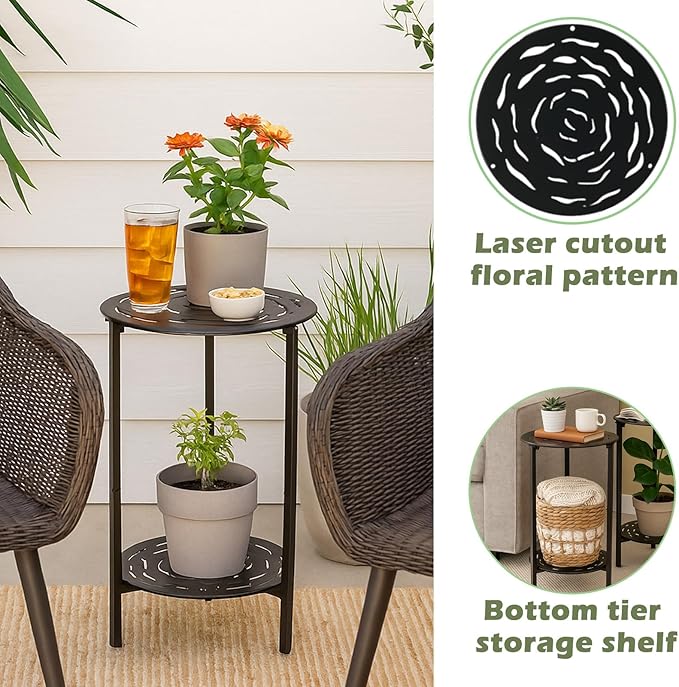 2-Tier Metal Round Side Table Black Accent Coffee Tables Small Space Corner Plant Stand Shelf for Indoor Outdoor Use Patio Balcony End Table Laser-Cut Floral Pattern Weather-Resistant
