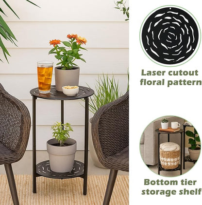 2 Packs Two-tier Metal Round Side Table Black Accent Coffee Tables Small Space Corner Plant Stand Shelf for Indoor Outdoor Use Patio Balcony End Table Laser-Cut Floral Pattern Weather-Resistant