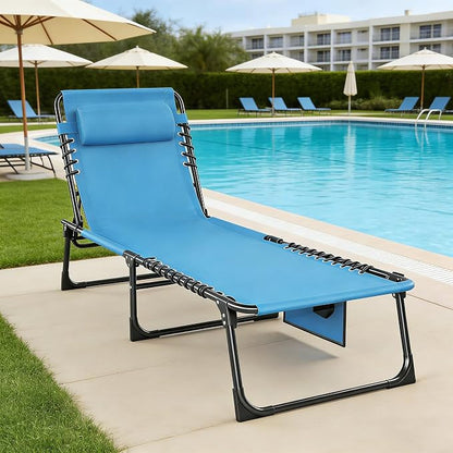 Outdoor Folding Chaise Lounge 5-Position Adjustable Recliner 400LB Heavy Duty Portable Patio Camping Beach Chair, Blue