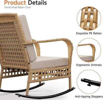DECMICO Outdoor Rocking Chair, 3 Pieces Wicker Rocking Bistro Set with Rattan Table, Rattan Rocking Chairs with Washable Cushions, Outdoor Wicker Chair for Garden Backyard Porch Poolside