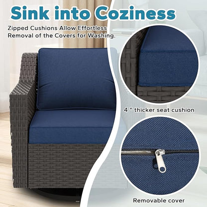 5 Pieces Patio Conversation Furniture Set - Swivel Chairs with Ottomans Set of 2, 1 Side Table, Outdoor Wicker Furniture Set with Washable Cushions for Porch, Balcony, Sunroom (Navy Blue)