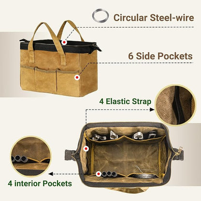 Tool Tote, 13-inch Heavy Duty Waxed Canvas Wide Mouth Tool Bag, Open Top tool Pouch with Handle for Tools, Wrenches, Screwdrivers (13 X 7 X 9 inch) | Khaki