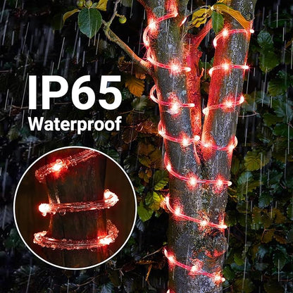 Solar Rope Lights, 2 Packs Total 132ft 400LED Solar String Lights, 8 Modes Waterproof Solar Powered Outdoor Light, Flexible Clear Tube Light for Garden Backyard Patio Deck Porch Tree Xmas Decor - Red