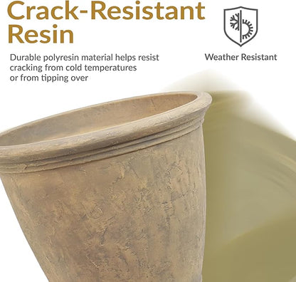 Sunnydaze 24-Inch Anjelica Large Plastic Pot for Plants - Double-Walled Outdoor Polyresin Round Planter Porch Pot with Drillable Drainage Holes - Beige