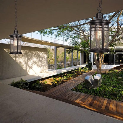 Darkaway Outdoor Pendant Lights for Porch, Outdoor Chandelier Hanging Porch Lights Ceiling Mount Aluminum with Seeded Glass for Front Porch Gazebo Patio (Medium, Black)