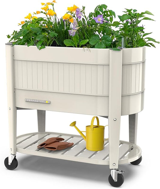 Permasteel Raised Garden Bed with Legs, 40×20×37 in, Planter Box with EnGrow™ TrueSoil™ Technology for Vegetables, Flowers, Herbs, and Fruit, Outdoor Indoor, Storage Shelf, Ivory