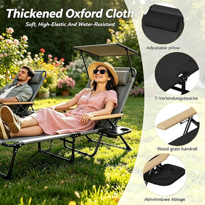 Foldable Chaise Lounge Chair Outdoor, Tanning Chair with 4-Position Reclining Back, Folding Sun Lounger, Outdoor Lounge Chair for Beach, Poolside, Backyard, Camping, UPF 50+, 300 LBS