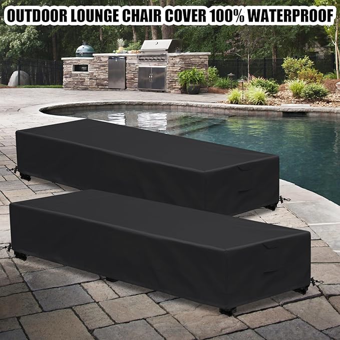 Waterproof Patio Lounge Chair Cover 2 Pack Outdoor Chaise Lounge Covers 600D Weather Resistant Material, UV Protection, Windproof Design Outside Furniture Covers 80" x 28" x 14" H,Black