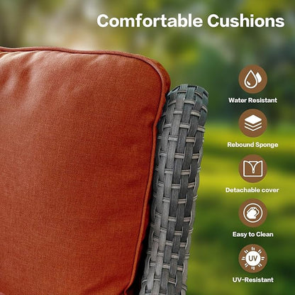 5 Pieces Outdoor Patio Furniture Conversation Set PE Rattan Wicker with 2 Swivel Glider Rocker Chairs, 2 Coffee Table and 1 Loveseat for Yard Backyard Poolside (Grey/Orange)