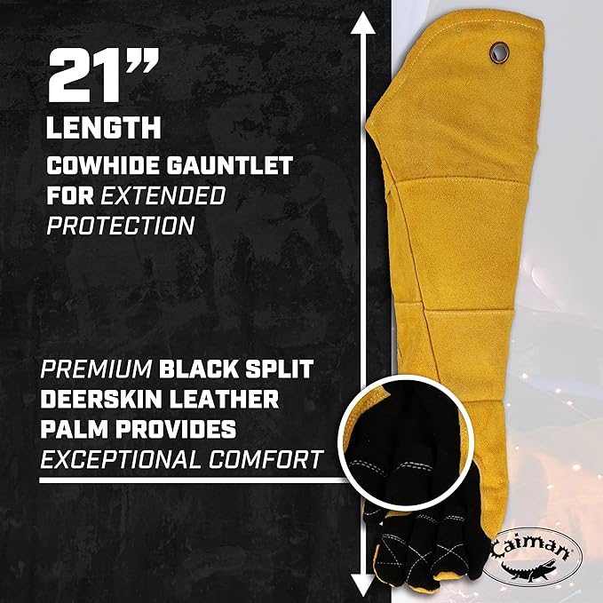 Caiman Premium Split Deerskin MIG/Stick Welding Gloves with Fleece/Foam Insulation, 21-inch length, Split Cowhide Leather Heat Shield Patch, Sock Lined Foam, Kevlar, Black/Gold, X-Large (1878-5)