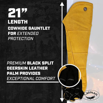 Caiman Premium Split Deerskin MIG/Stick Welding Gloves with Fleece/Foam Insulation, 21-inch length, Split Cowhide Leather Heat Shield Patch, Sock Lined Foam, Kevlar, Black/Gold, X-Large (1878-5)
