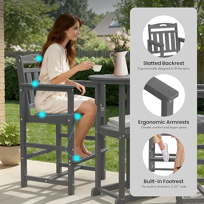 Ciokea Balcony Chairs and Table 3 Pieces Set, Outdoor High Top Bar Set, HDPE Oversized Adirondack Bar Chairs Set of 2 and Round Table for Outside Dining Bistro Poolside Backyard, Grey
