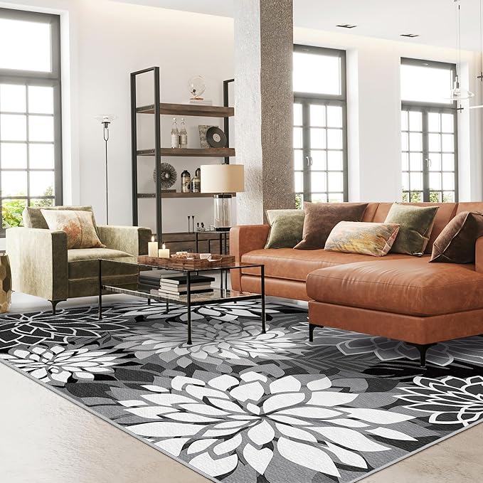 6x9 Outdoor Area Rug Washable Multicolored Patio Rug Tropical Botanical Floral Chenille Waterproof Outdoor Carpet Non-Slip for Patio, Deck, Backyard, Porch, Black