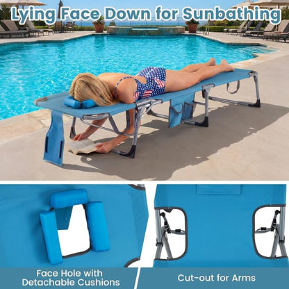 Goplus Tanning Chair, Folding Adjustable Patio Lounge Chair with Face Hole, Removable Pillow, 330LBS, Carry Strap, Outdoor Sunbathing Chair, Lightweight Portable Beach Lounge Chair (2, Navy)