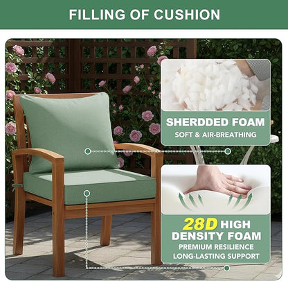 Summsun Outdoor Cushions for Patio Furniture, Faux Linen Water Resistant Backrest and Deep Seat Cushion Set with Removable Cover, Ties, Non-Slip Bottom, 22 x 22 Inch, Sage Green, Set of 2