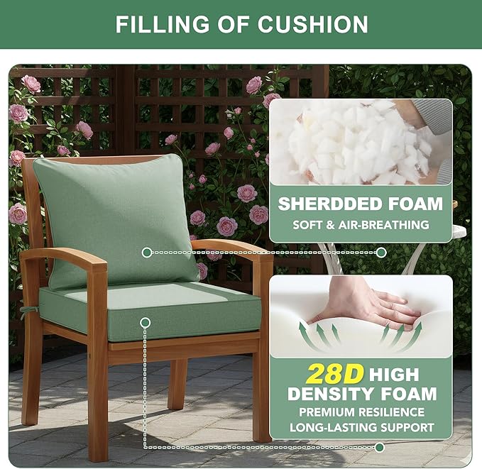 Summsun Outdoor Cushions for Patio Furniture, Faux Linen Water Resistant Backrest and Seat Cushion Set with Removable Cover, Ties, Non-Slip Bottom, 19 x 19 Inch, Sage Green, Set of 2